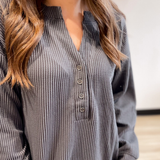 Grey Washed Ribbed Long Sleeve Henley Top