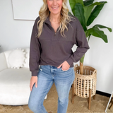 Grey Contrast Waffle Knit 1/2 Zip Pullover