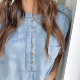 Chambray Vertical Striped Short Sleeve Top