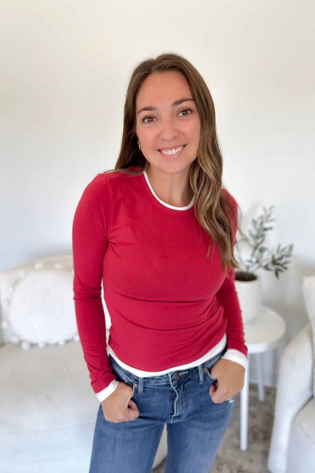 Dark Red Long Sleeve White Trim Top