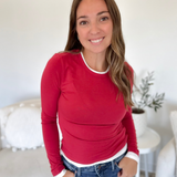 Dark Red Long Sleeve White Trim Top