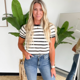 Ivory/Black Pointelle Striped Short Sleeve Top