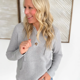 Grey Waffle Knit 1/2 Button Hooded Pullover