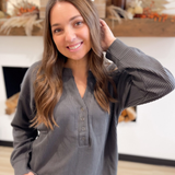 Grey Washed Ribbed Long Sleeve Henley Top