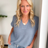 Relaxed Fit V-Neck Short Sleeve Knit Top-Denim