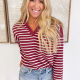 Burgandy Knit Long Sleeve White Stripe Top
