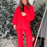 Mock Neck Relaxed Long Sleeve Pullover-Red