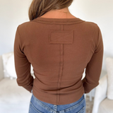Brown Fitted Long Sleeve Henley Top