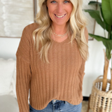 Ribbed V Neck Sweater With Drop Shoulder