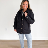 Black Quilted Hooded Button Up Jacket