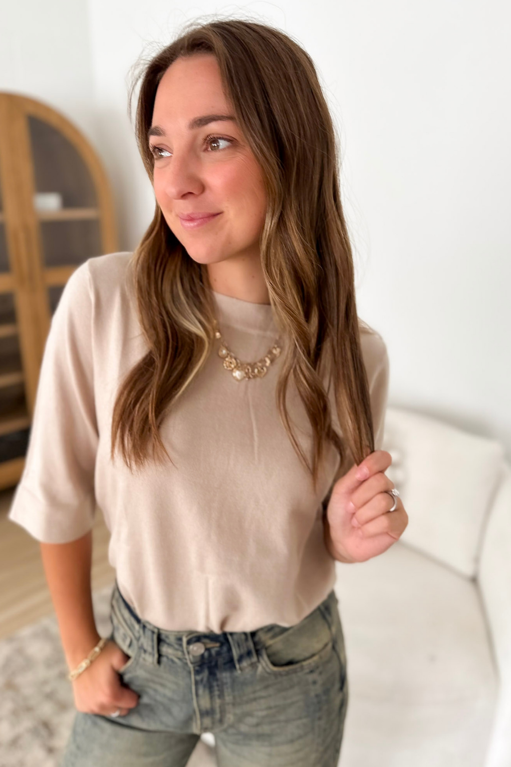 Beige - 1/4 Sleeve Soft Knit Top