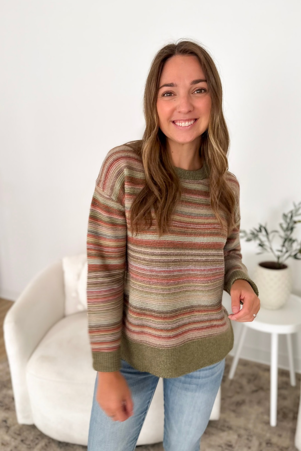 Multicolored Striped Green Textured Sweater