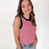 Red/White Striped Blue Contrast Sleeveless Top