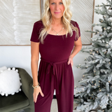 Square Neck Short Sleeve Wine Jumpsuit