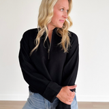 Black Ribbed 1/2 Zip Cropped Pullover