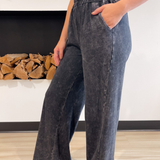 Washed Black Denim Elastic Waist Pants