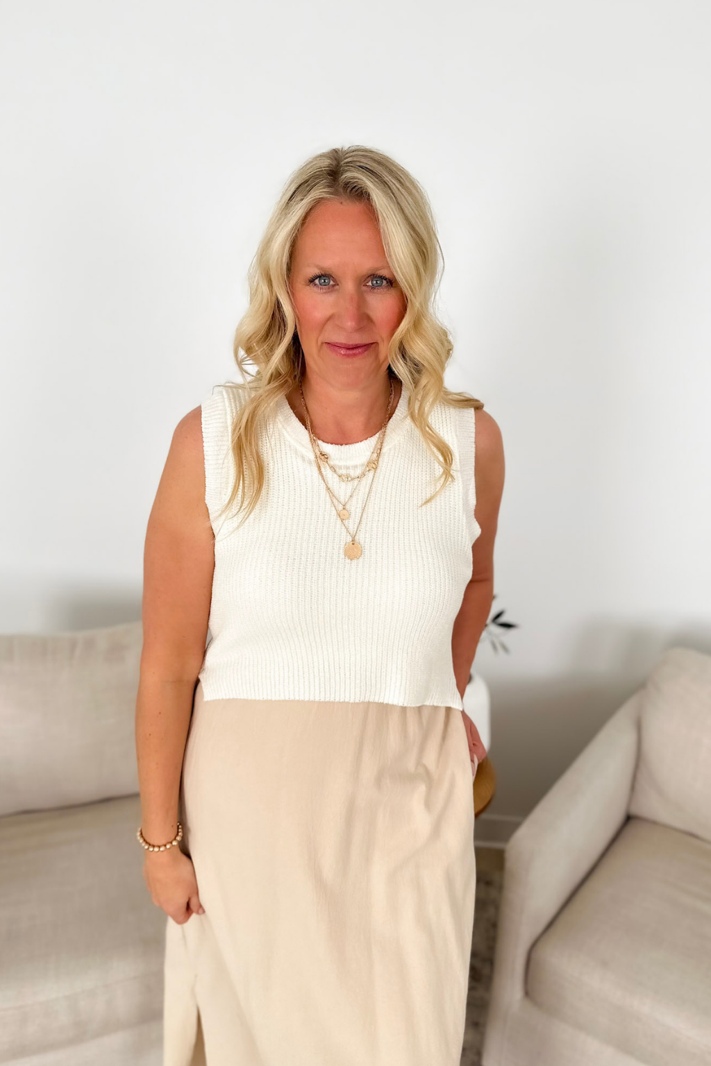 Off White Sleeveless Sweater Taupe Midi Dress