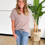 Relaxed Fit V-Neck Short Sleeve Knit Top-Mocha