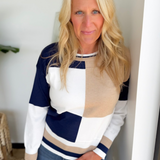 Blue/White/Tan Color Block Long Sleeve Top