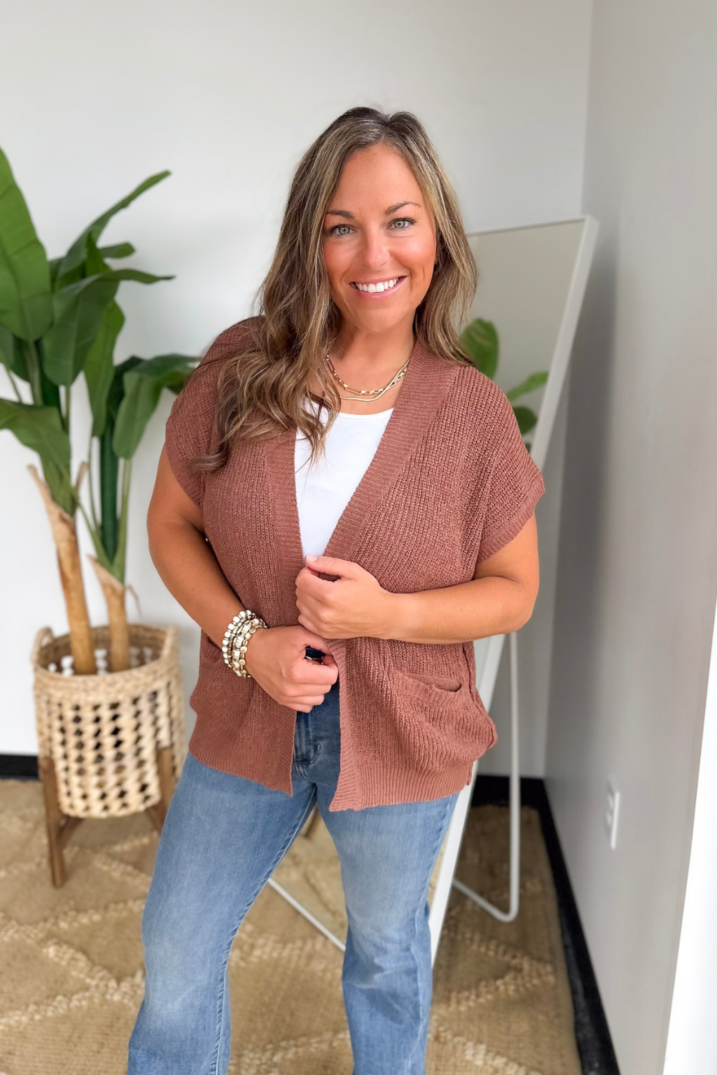 Lightweight Knit Brown Sleeveless Cardigan