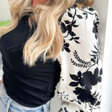 Black/White Floral Contrast Sleeve Top