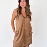 Tan Suede V-Neck Mini Dress