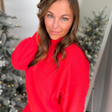 Mock Neck Relaxed Long Sleeve Pullover-Red