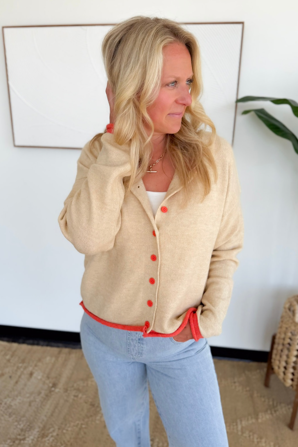 Taupe Contrast Trim Knit Button Cardigan