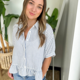 Navy Stripe Button Down Ruffle Top