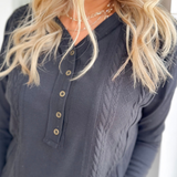 Black Long Sleeve Cable Knit 1/2 Button Top