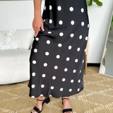 Black Satin Cream Polka Dot Midi Skirt