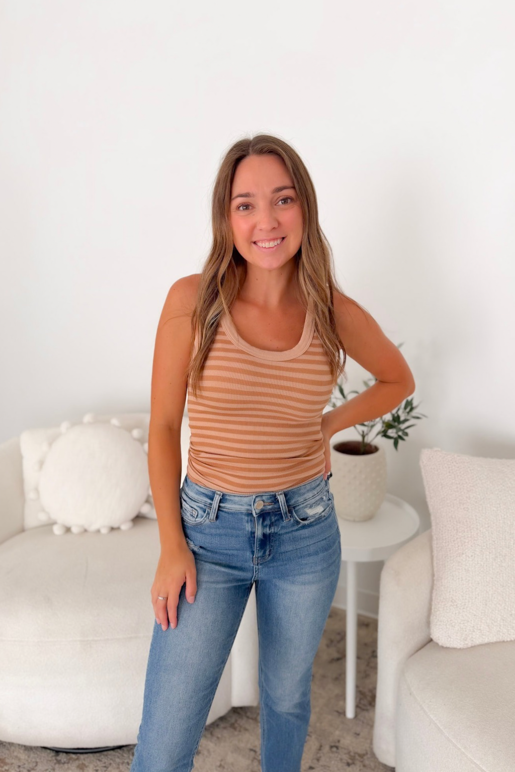 Nikibiki Striped Ribbed Tank Top - Milk Tea