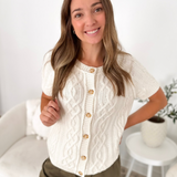 Cream Cable Knit Button Short Sleeve Top