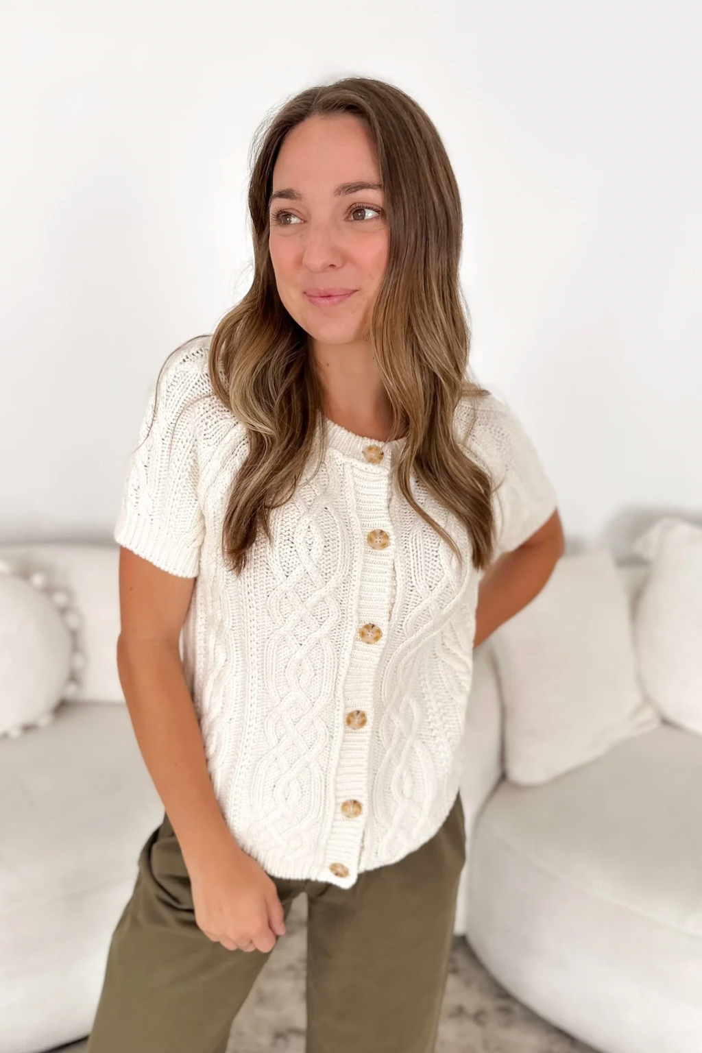 Cream Cable Knit Button Short Sleeve Top