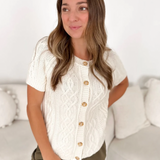 Cream Cable Knit Button Short Sleeve Top