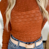 Sheer Knit Textured Mock Neck Long Sleeve Top