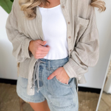 Drawstring Waistband Medium Wash Denim Shorts