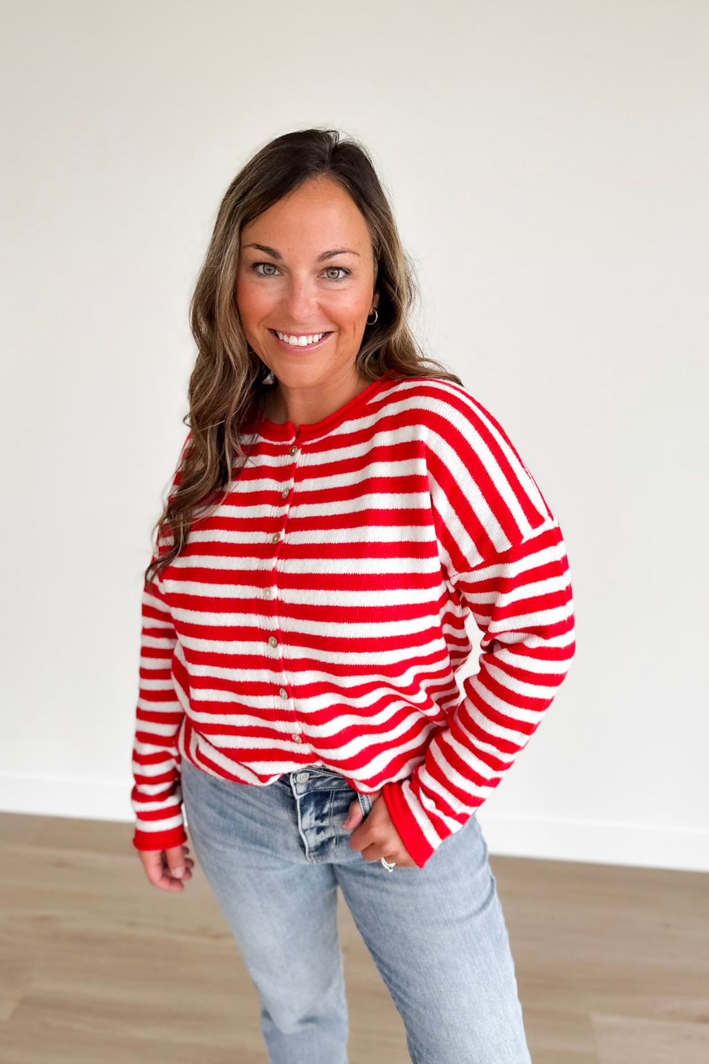 Red/Ivory Striped Button Cardigan
