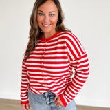 Red/Ivory Striped Button Cardigan