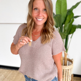 Relaxed Fit V-Neck Short Sleeve Knit Top-Mocha