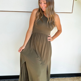 Olive Elastic Waist Tank Top Midi Dress