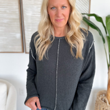 Charcoal Raw Edge Sweater with Contrast Stitching