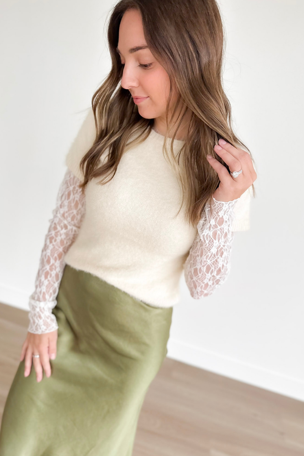 Fuzzy Cream Sweater with Lace Sleeves