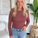 Burgundy Fitted Round Neck Long Sleeve Top