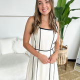 Cream Sleeveless Black Piping Flare Midi Dress