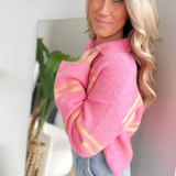 Soft Pink Knit Yellow Stripes Collared Sweater