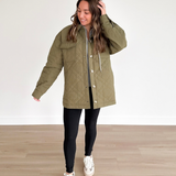 Olive Quilted Hooded Button Up Jacket