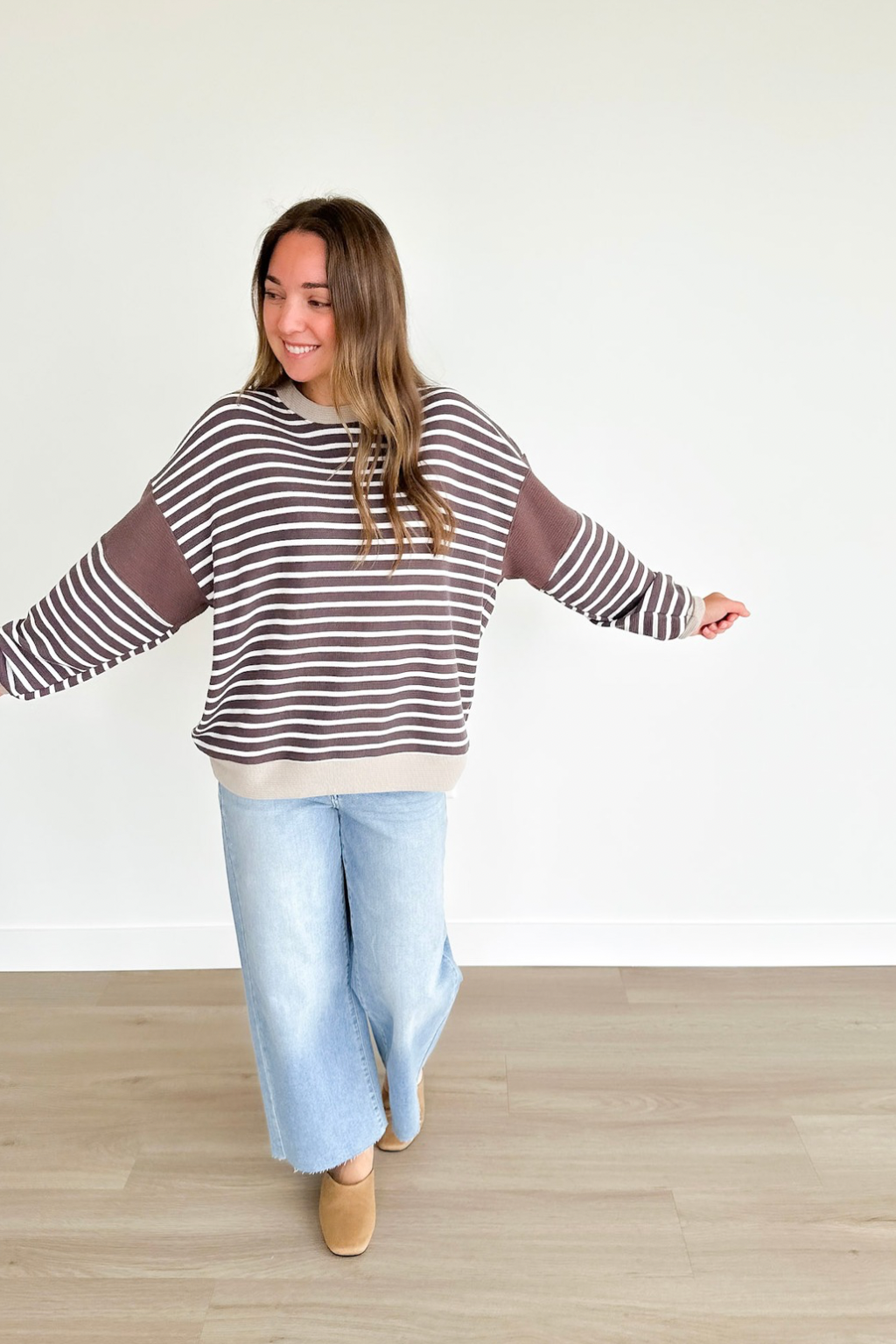 Brown & White Striped Long Sleeve Top
