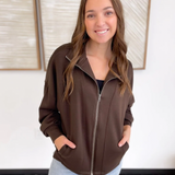 Casual Zip Up Relaxed Jacket-Brown
