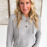 Grey Waffle Knit 1/2 Button Hooded Pullover